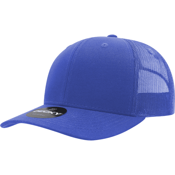 A blue 6-panel mid pro trucker cap with a mesh back and a logo on the front.