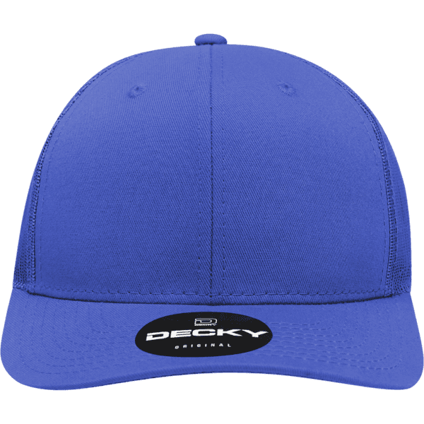 A blue 6-panel mid-profile structured trucker cap with a logo on the front.