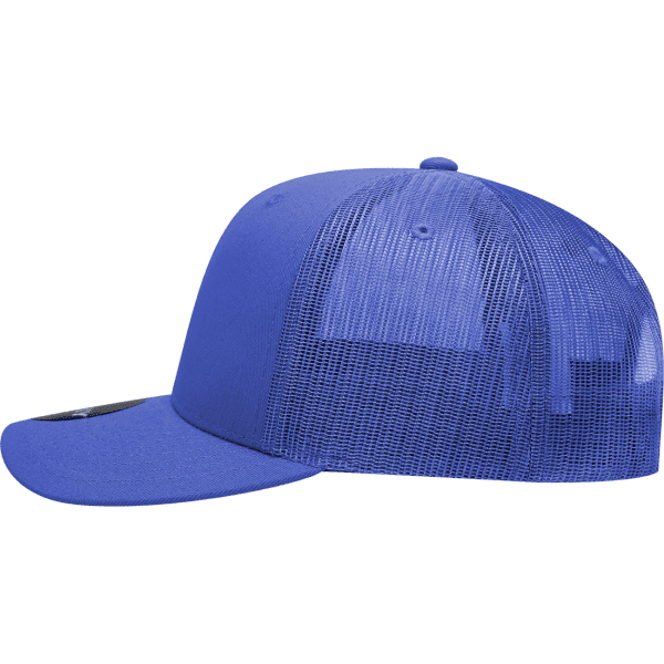 A blue mid-profile structured trucker cap with a mesh back. It features a curved brim and a logo.