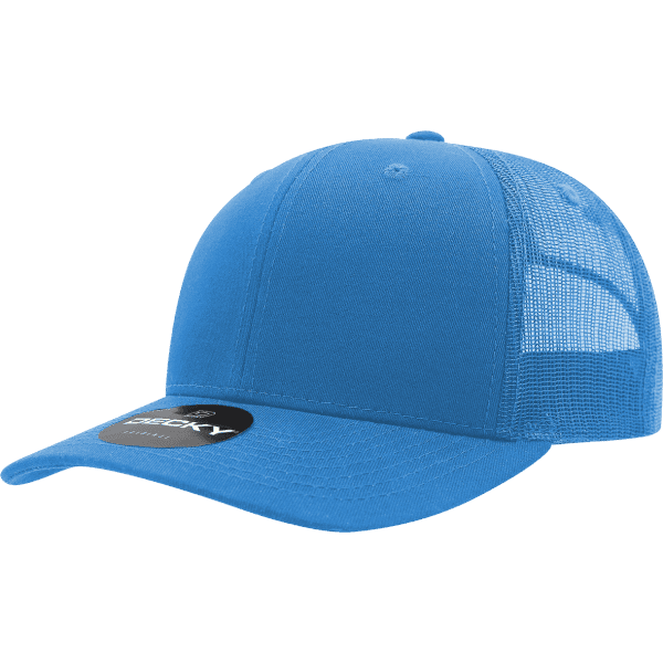 A bright blue trucker cap featuring a cotton/poly blend and a mesh back, with a logo on the front.