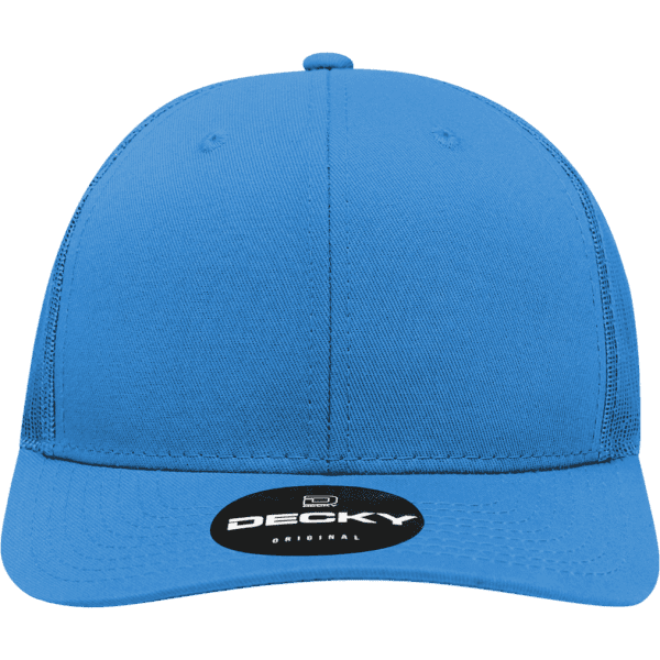 A blue 6-panel mid profile structured trucker cap with a branding logo on the front.