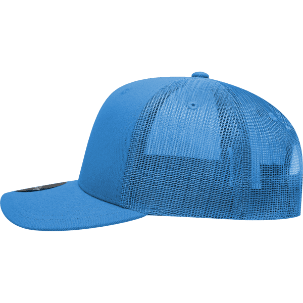 A blue 6 Panel Mid Profile Structured Trucker cap with a mesh back and a curved brim. It features a logo on the front.