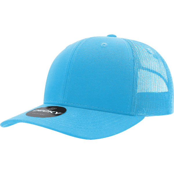 A turquoise 6 panel trucker cap featuring a mesh back and a branded logo on the front.