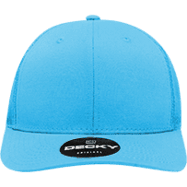 A light blue structured trucker cap with a rounded crown and a branded patch on the front.
