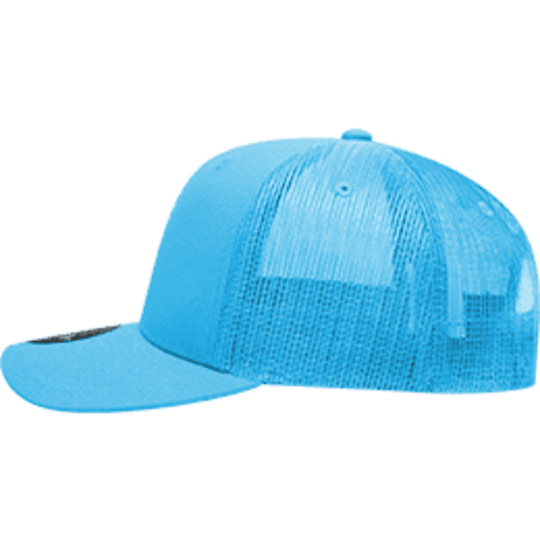 A bright blue 6 panel mid profile structured trucker cap with a mesh back and a logo.