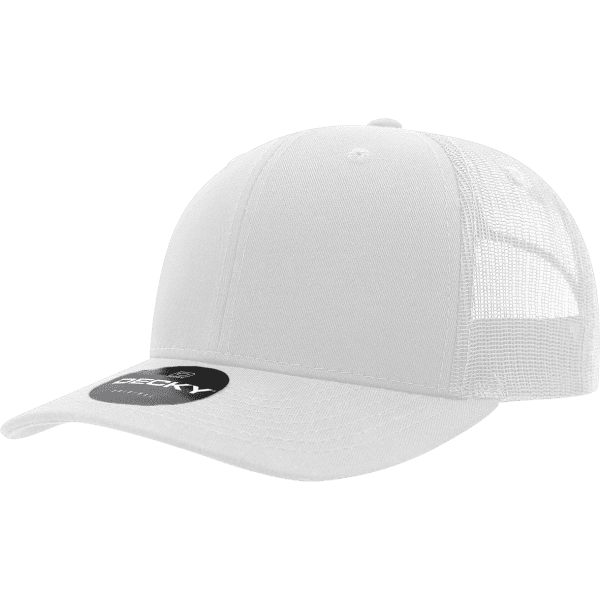 A white 6-panel mid-profile trucker cap with a mesh back and a branding logo.