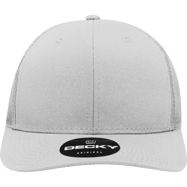 A grey structured trucker cap with a curved brim and an internal logo detail.