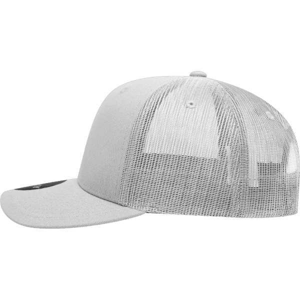 A grey structured trucker cap with a mid-profile design and mesh backing. Features a branding logo.