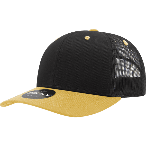 A black and mustard yellow trucker cap with a mesh back and a logo on the front.
