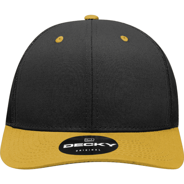 A black and yellow 6-panel mid-profile structured trucker cap with a logo on the front.