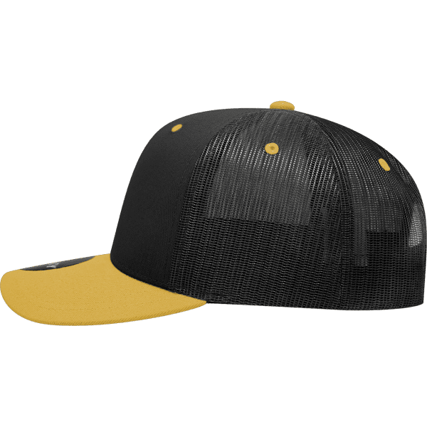 A black and yellow 6-panel mid-profile structured trucker cap with a mesh back and curved brim.