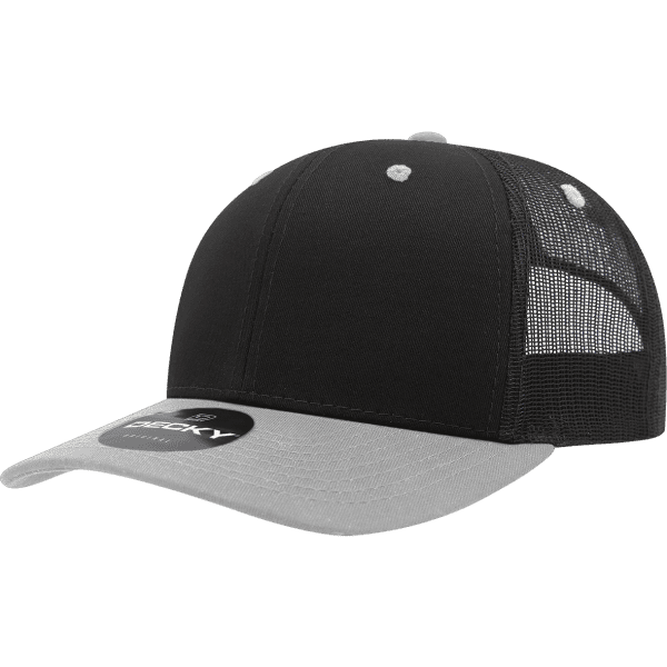 A black and grey trucker cap made from a cotton/poly blend, featuring a mesh back and a logo.
