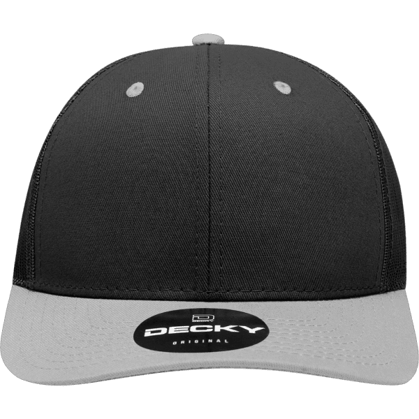 A structured trucker cap featuring a black body and a grey brim, with a logo on the front.