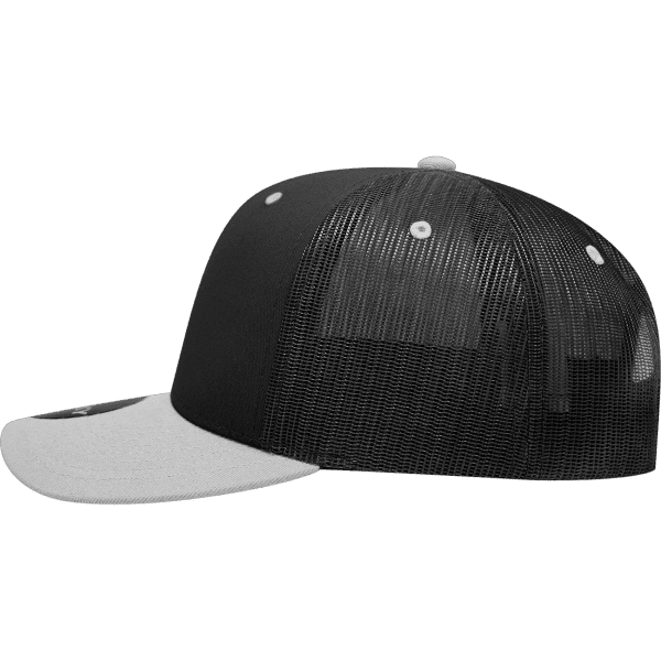 A black and grey 6 panel mid profile structured trucker cap with a mesh back and a logo.