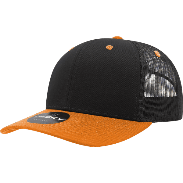 A black and orange 6-panel trucker cap featuring a mesh back and a curved visor. It has a logo on the front.