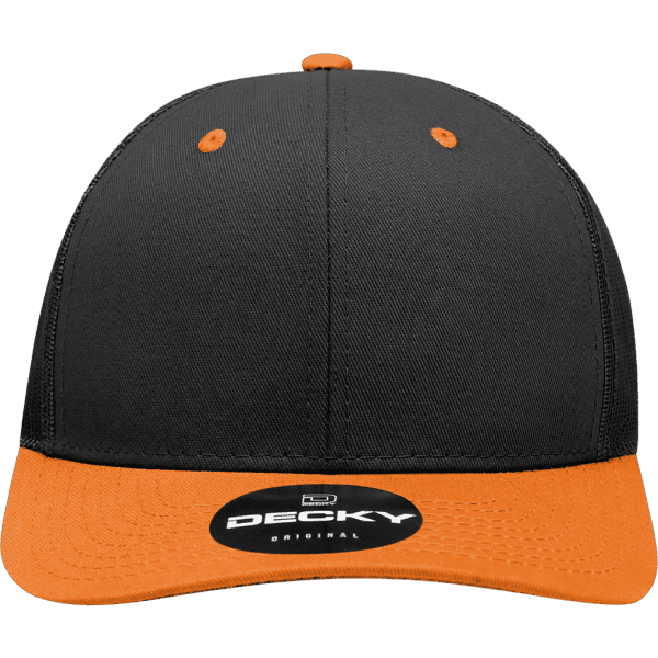 A structured six-panel trucker cap featuring a black and orange colour scheme and a logo on the front.