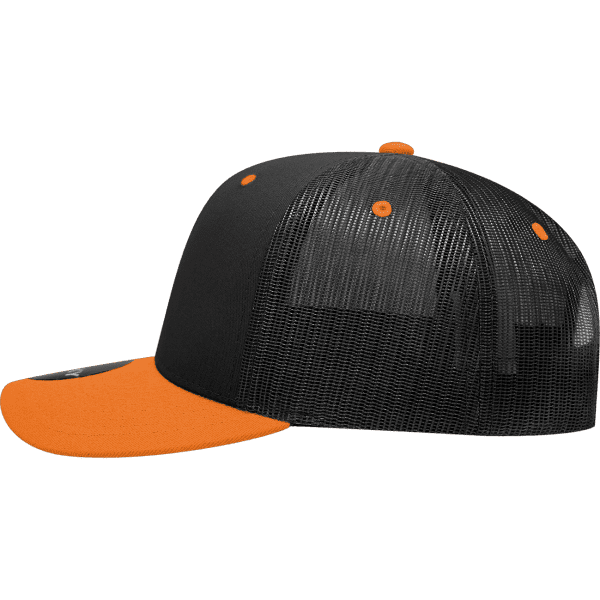 A black and orange 6-panel mid-profile structured trucker cap with a mesh back and a small logo.