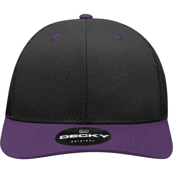 A structured trucker cap in black with a purple peak, featuring a logo on the front.