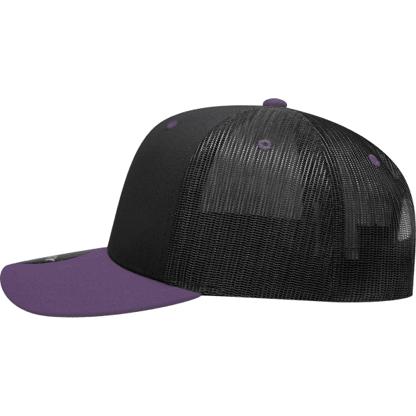 A black and purple 6 panel mid profile structured trucker cap with a mesh back and a curved brim.