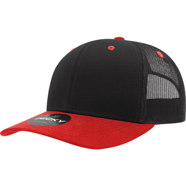 A black and red trucker cap featuring a mesh back and a circular logo on the front.