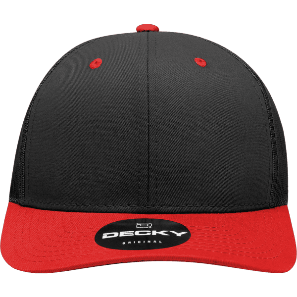 A black and red 6-panel mid-profile structured trucker cap with a branded logo on the front.