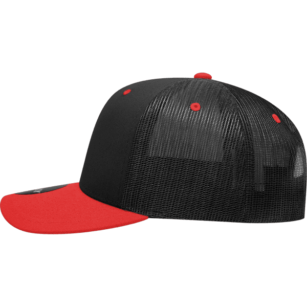 A black and red 6 panel mid-profile structured trucker cap with a mesh back and a logo.