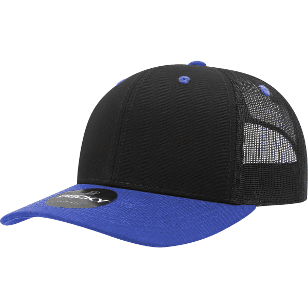 A black and blue trucker cap featuring a mesh back and a branded tag on the front.