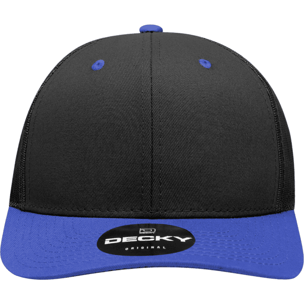 A black and blue 6-panel mid-profile structured trucker cap with a logo on the front.