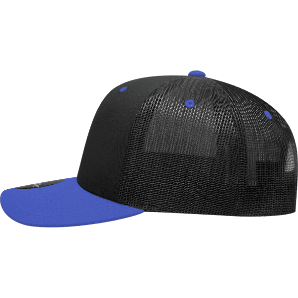 A black and blue 6-panel mid-profile structured trucker cap, featuring a mesh back and a solid front.