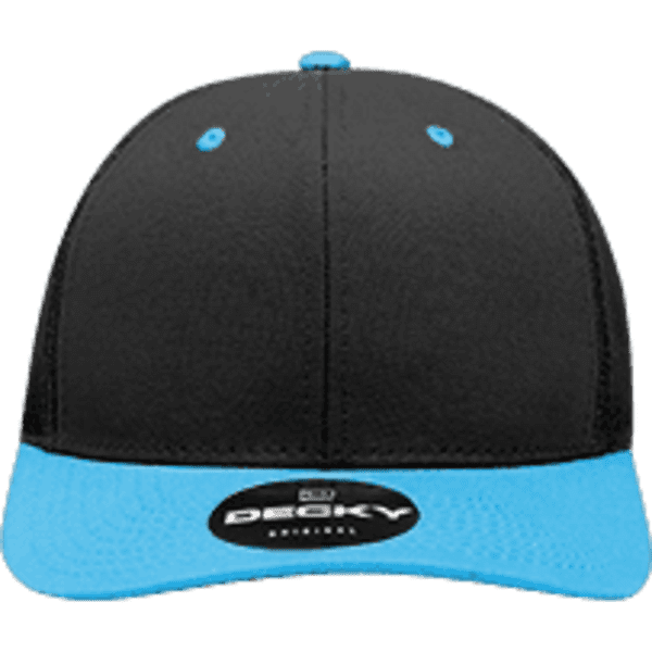 A black trucker cap with a blue brim and a logo on the front.