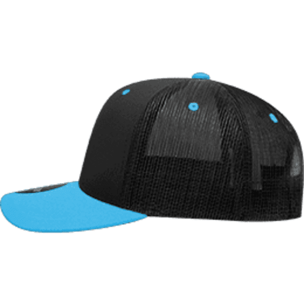 A structured trucker cap featuring a black mesh body and a blue peak. It includes a logo on the side.
