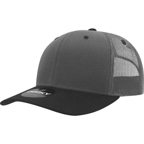 A grey 6 panel trucker cap with a cotton/poly blend and mesh back, featuring a logo on the front.