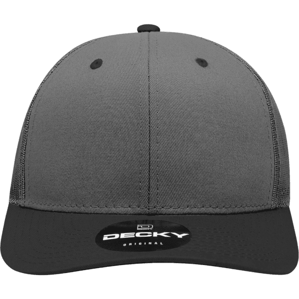 A grey structured trucker cap with a black peak and a logo on the front.