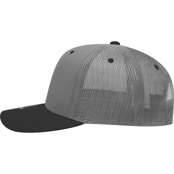A grey and black structured trucker cap with a mesh back and a flat brim, featuring a logo.