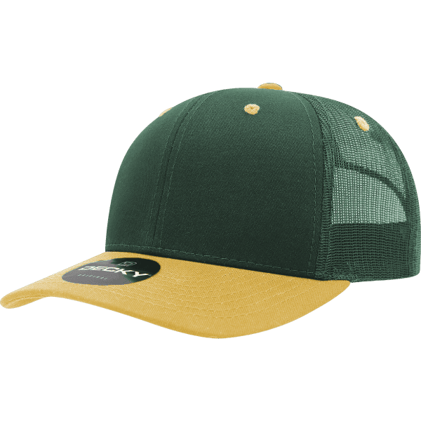 A green and yellow trucker cap featuring a mesh back and a curved brim, with a logo on the front.