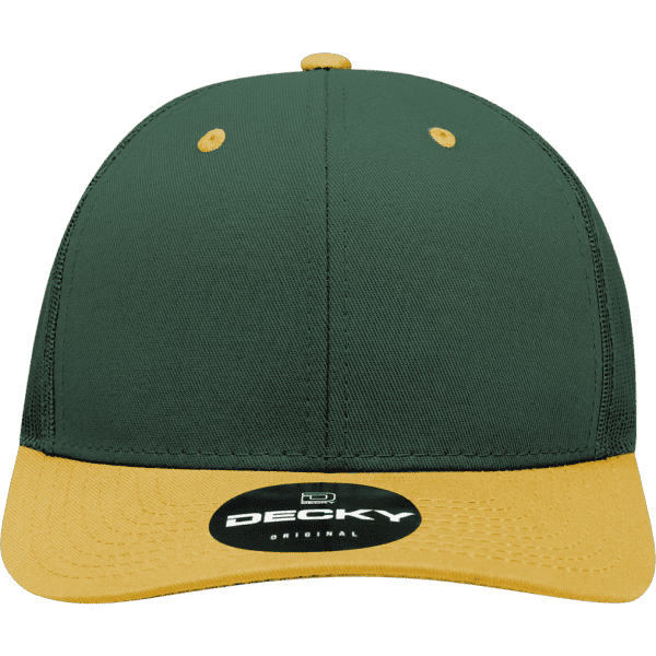 A green and yellow 6 Panel Mid Profile Structured Trucker cap with a logo on the front.