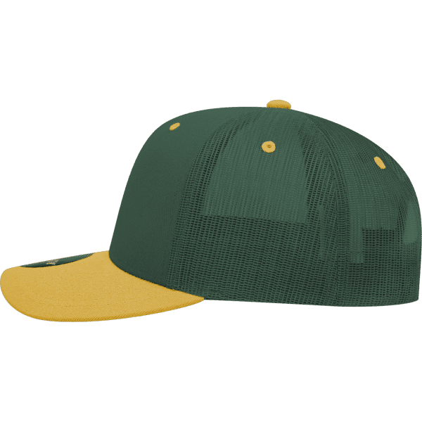 A structured trucker cap in green with a yellow front peak and mesh back, featuring a logo on the front.