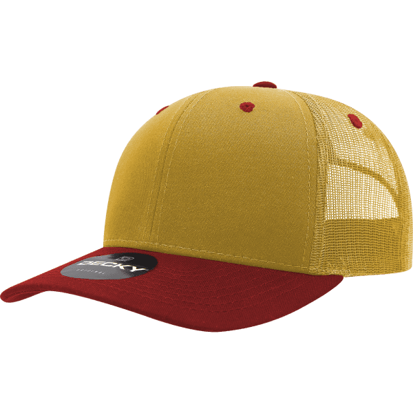 A yellow and red trucker cap with a mesh back and a logo on the front.