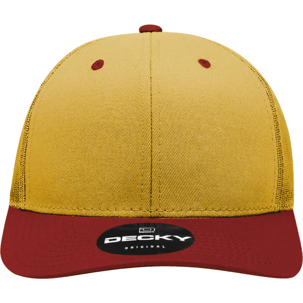 A structured trucker cap in mustard yellow with a red peak and a logo on the front.