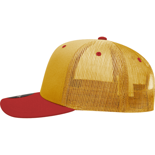 A structured trucker cap featuring a yellow front and red peak, with a mesh back and a logo.
