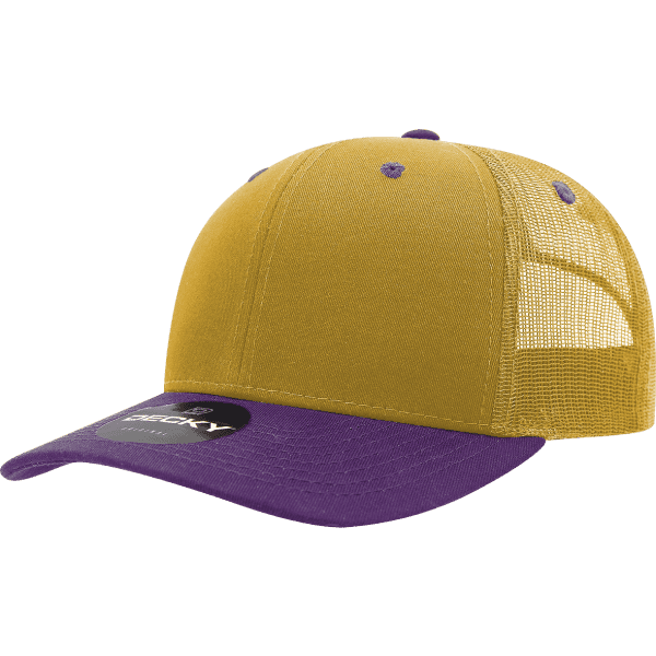 A yellow and purple trucker cap with a mesh back and a logo on the front.