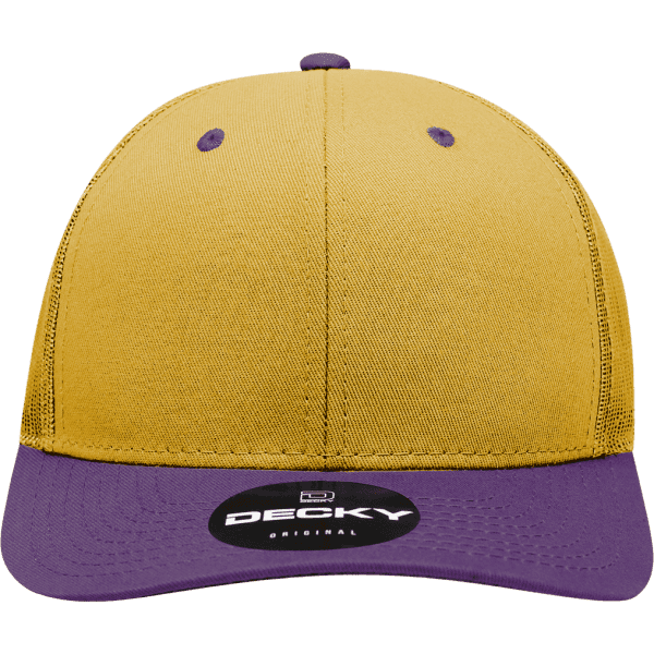 A structured trucker cap featuring a mustard yellow front and purple peak, with a logo on the front.
