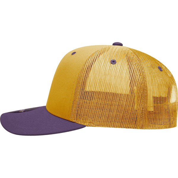 A yellow and purple 6 Panel Mid Profile Structured Trucker cap with a mesh back and a curved visor.