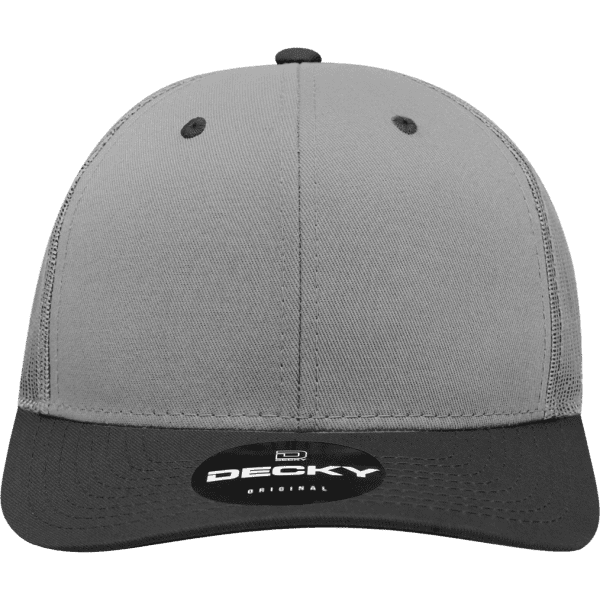 A grey 6-panel mid-profile structured trucker cap with a darker grey peak and a logo on the front.