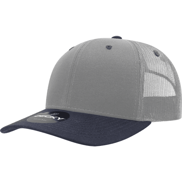 A grey and navy 6-panel mid pro trucker hat with a mesh back and a logo on the front.