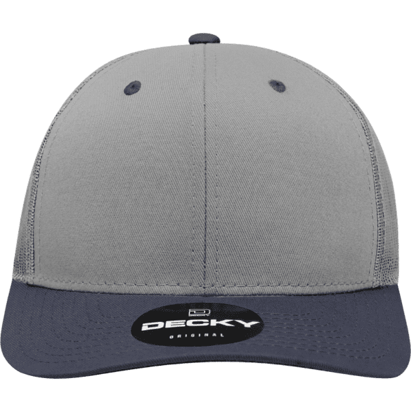 A grey and navy 6-panel mid profile structured trucker cap with a logo on the front.