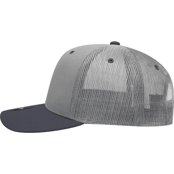A grey and navy 6-panel mid-profile structured trucker cap with a mesh back and a logo.