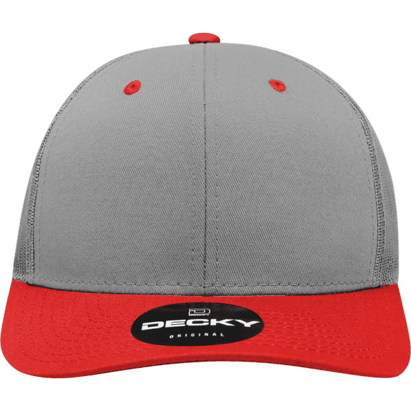 A structured trucker cap with a grey body and red brim, featuring a logo on the front.