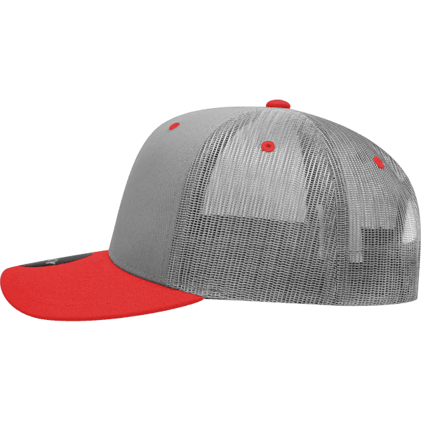 A grey and red 6 Panel Mid Profile Structured Trucker cap featuring a mesh back and a branded logo.