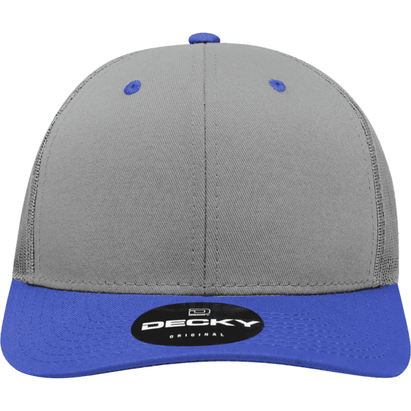 A structured trucker cap featuring a grey top and blue brim, complete with a logo on the front.
